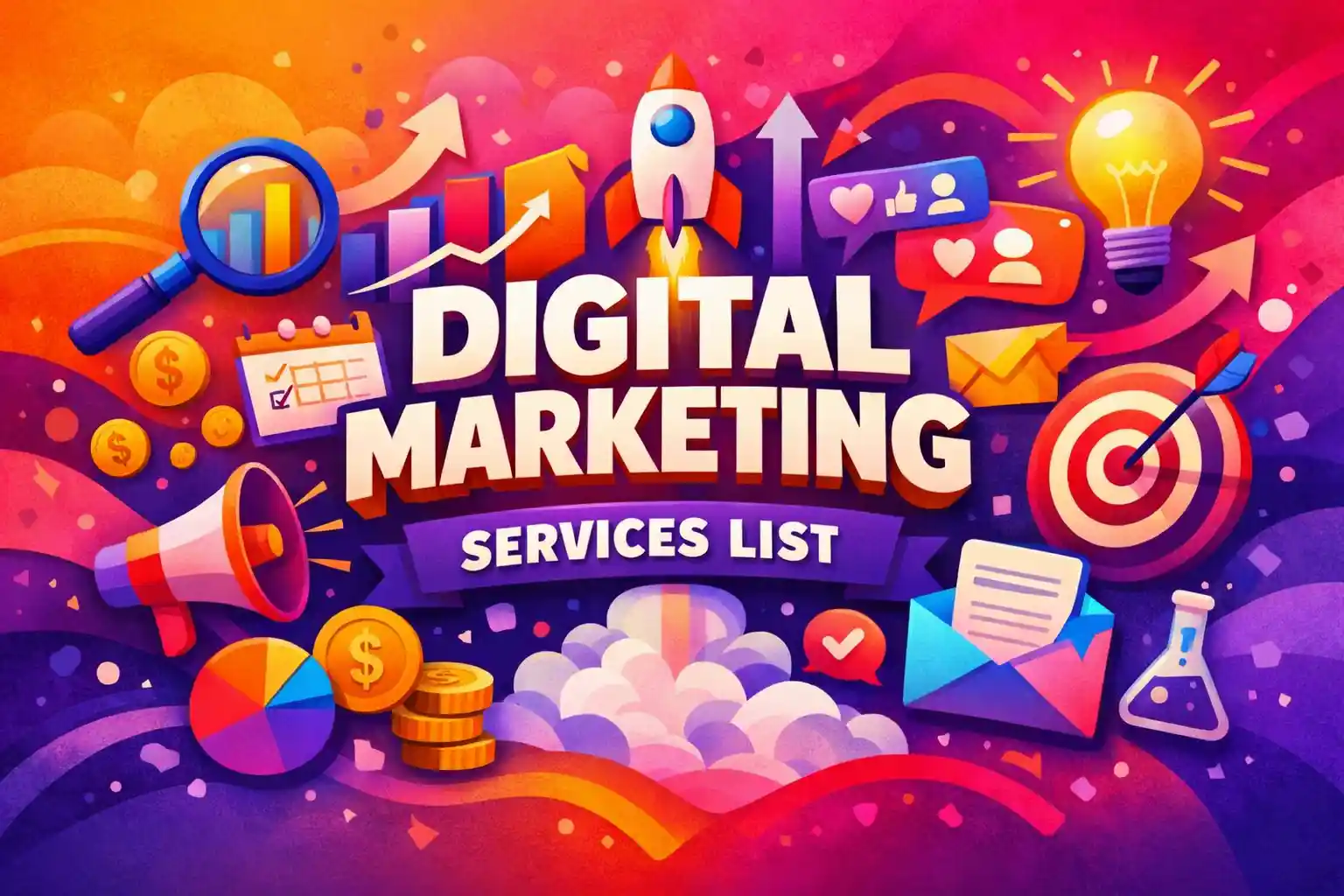 Illustrated overview showing key components of a digital marketing services list including growth, analytics, and strategy