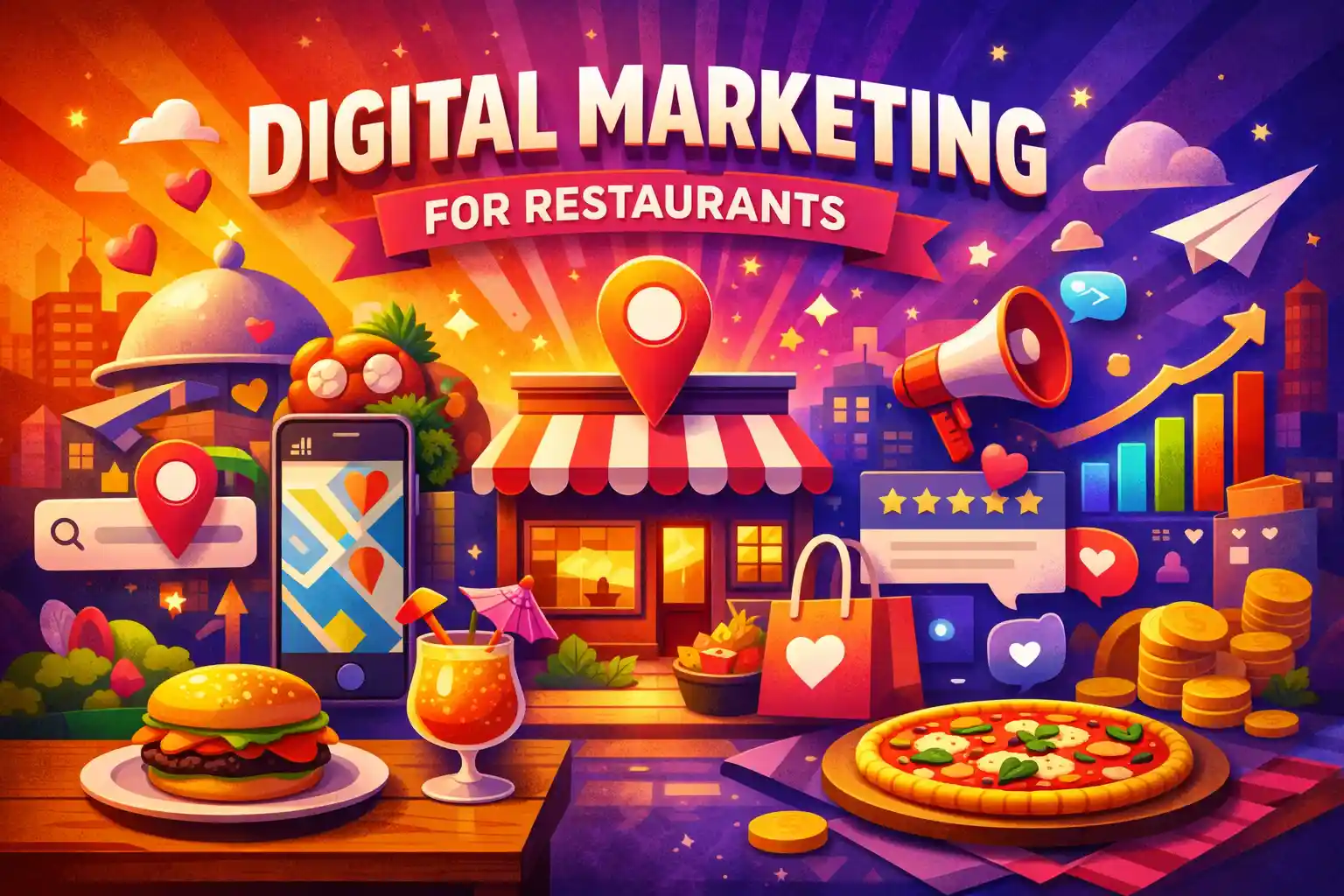 Digital marketing for restaurant growth illustrated with online reviews, local search, food visuals, and customer engagement elements