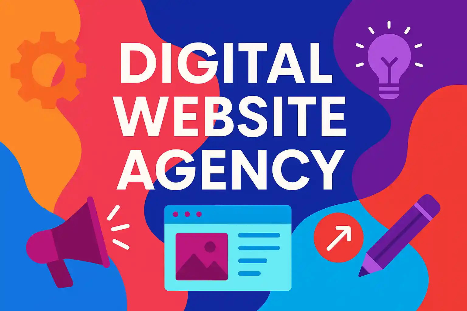 Modern graphic banner showcasing the concept of a digital website agency with bold colors and design icons.