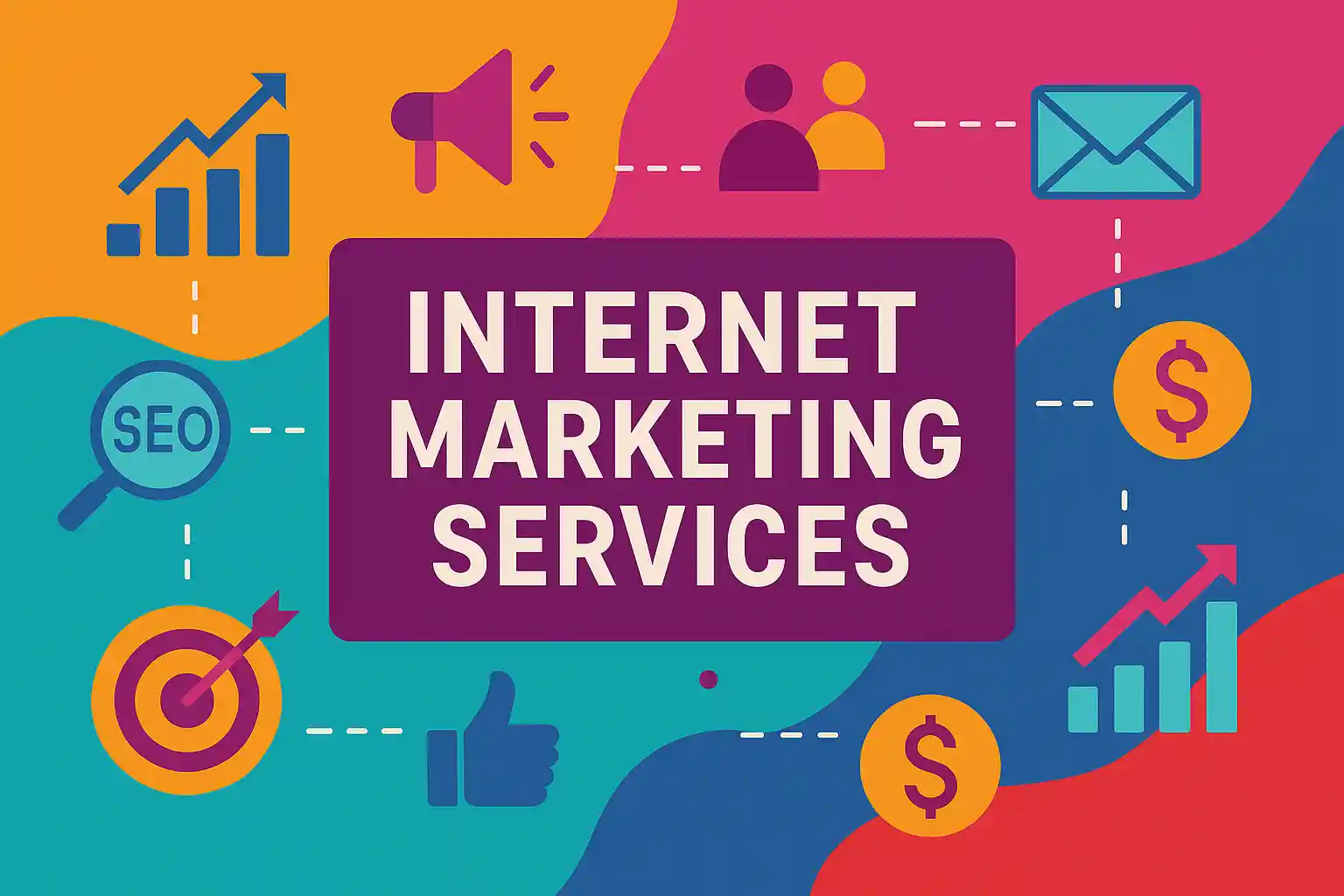 Colorful vector graphic illustrating internet marketing services with icons for SEO, analytics, social media, email marketing, and conversions.