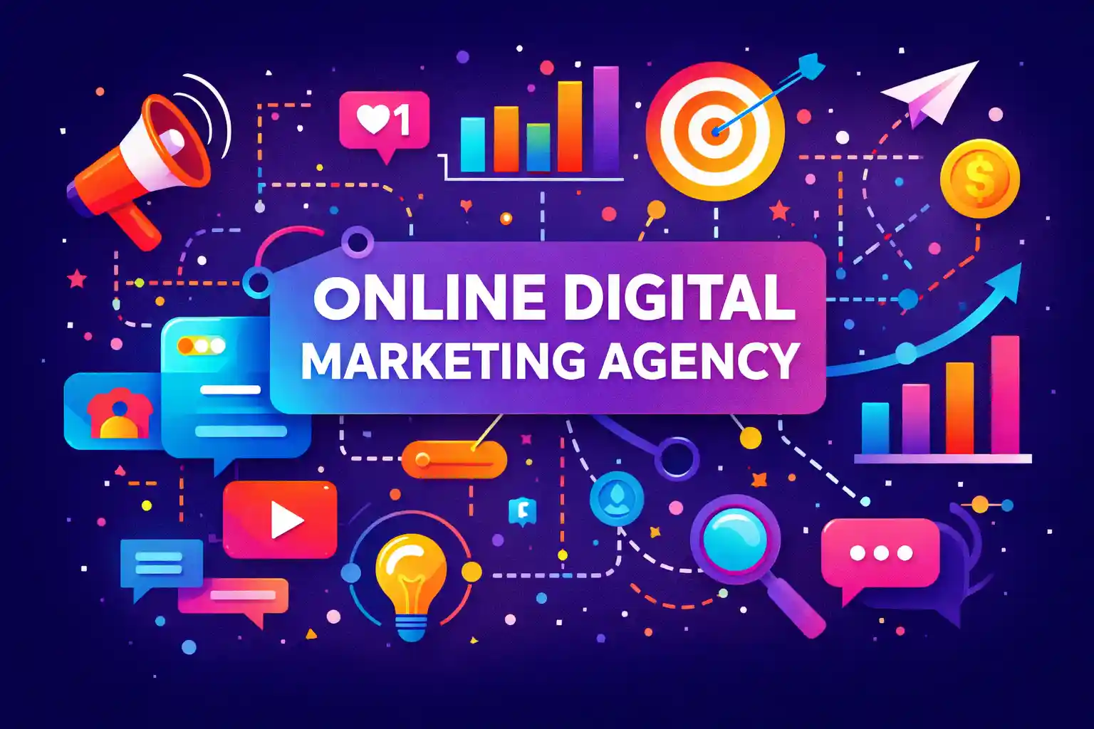 Colorful illustration representing an online digital marketing agency with icons for strategy, analytics, content marketing, and business growth.