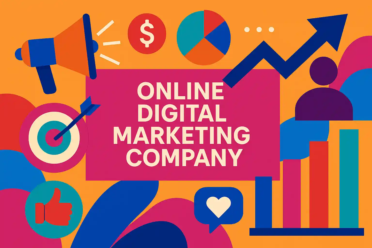 Creative illustration featuring marketing icons and analytics to symbolize the services of an online digital marketing company.