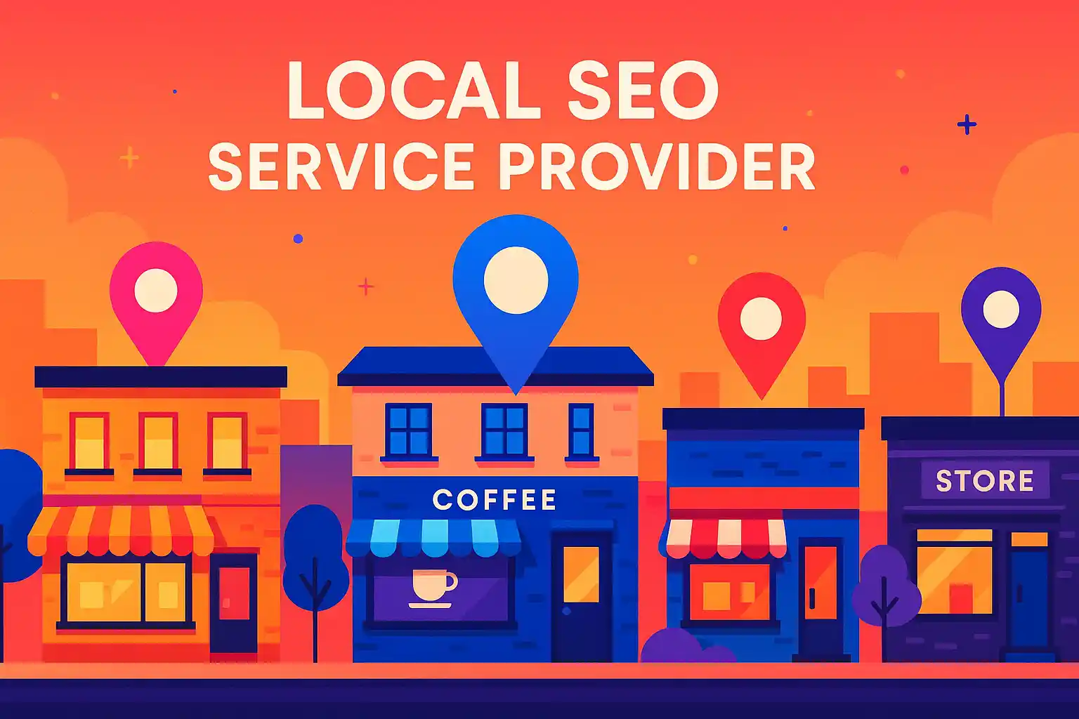 Colorful illustration of local storefronts with map pins symbolizing how a local SEO service provider improves business visibility.