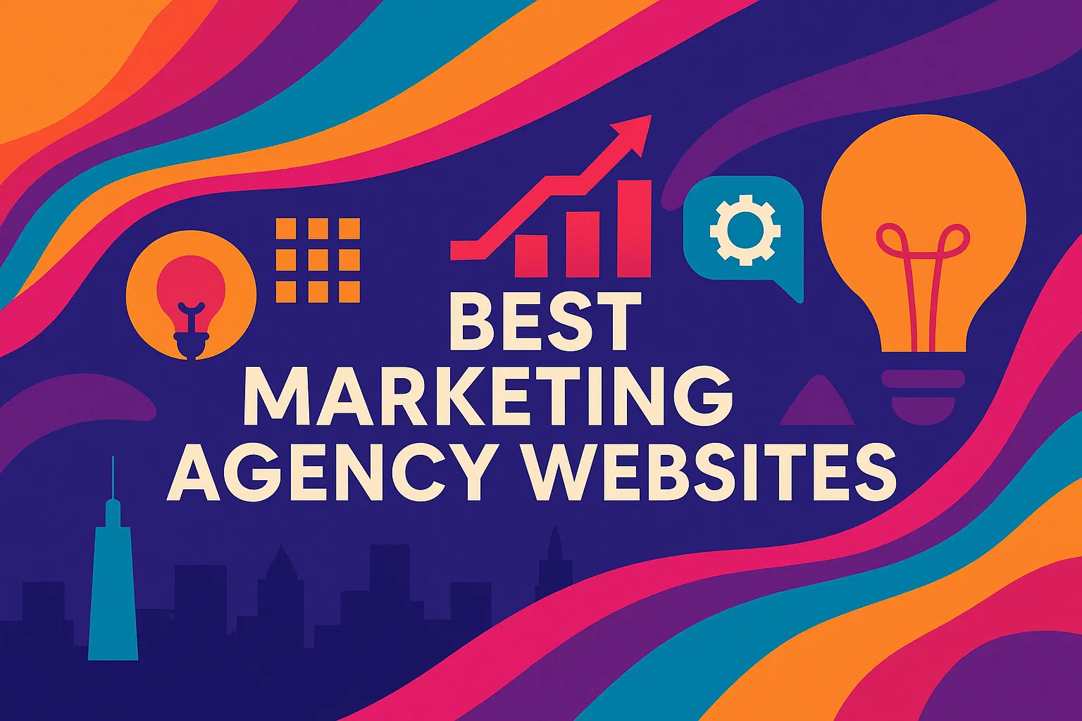 Colorful abstract marketing graphic with icons and bold typography illustrating the best marketing agency websites.