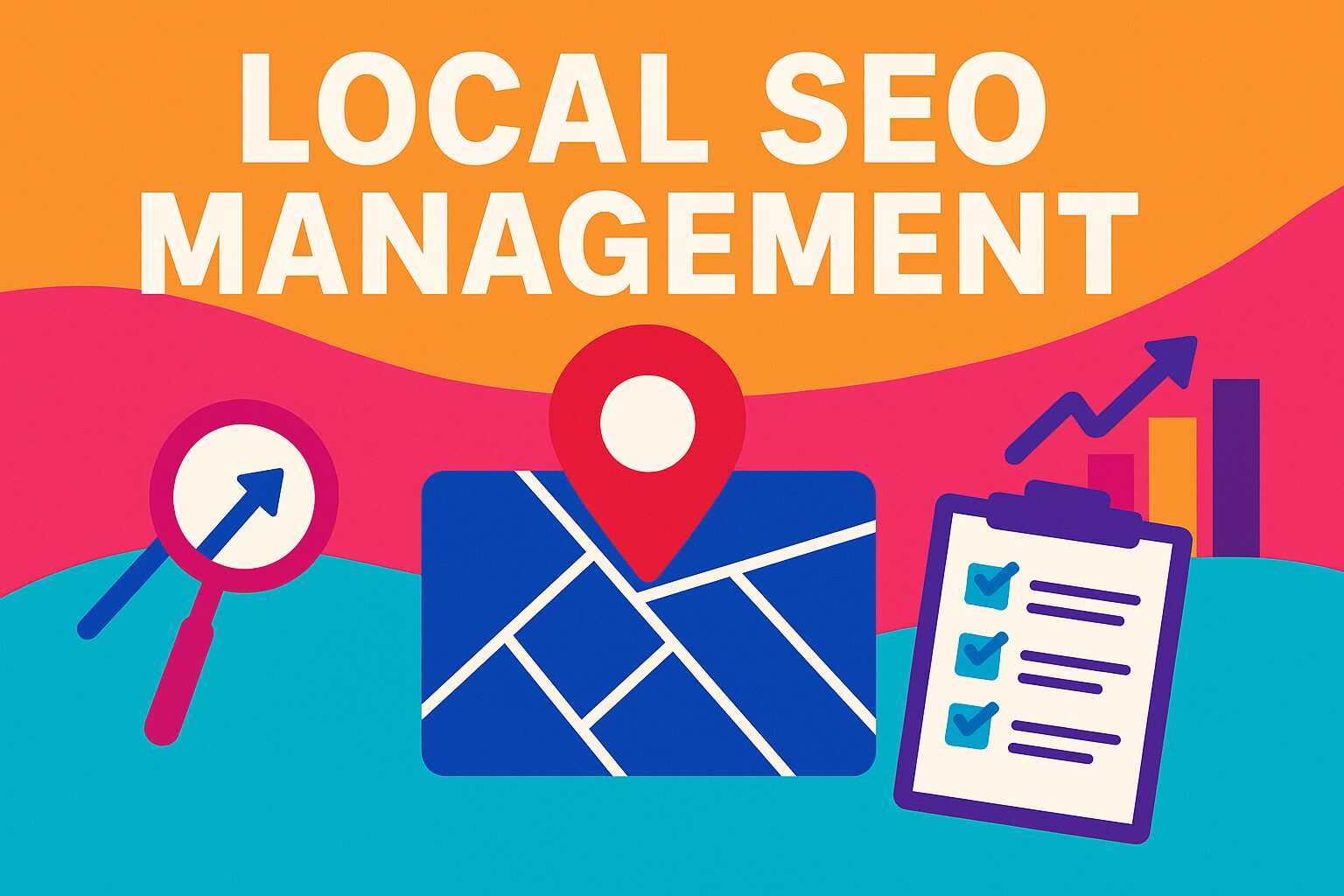 Colorful illustration representing Local SEO management with map pin, analytics icons, and growth elements in brand colors.