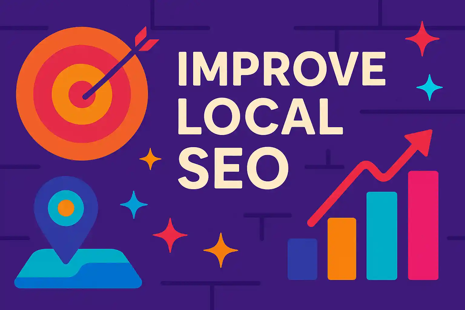 Flat-style illustration showing a target, map pin, growth chart, and the phrase “Improve Local SEO,” representing strategies to boost local search visibility.