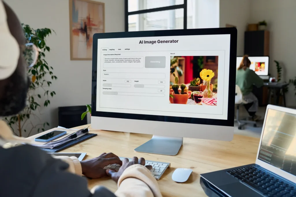 Digital agency website workflow showing creative content development and design strategy in a modern office environment