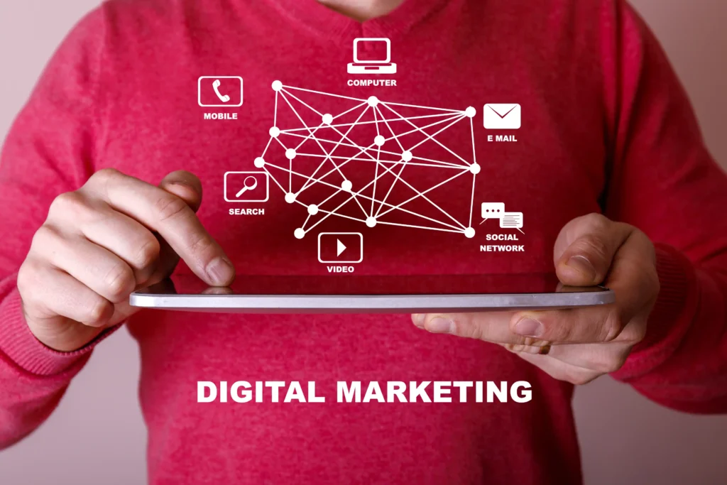 digital marketing agency website concept showing connected marketing channels like search, email, video, and social media