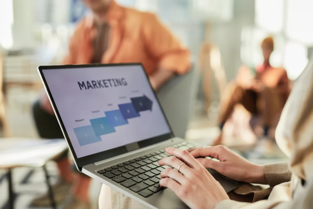 Close-up of a laptop showing a marketing strategy workflow, symbolizing data-driven internet marketing services for business growth.