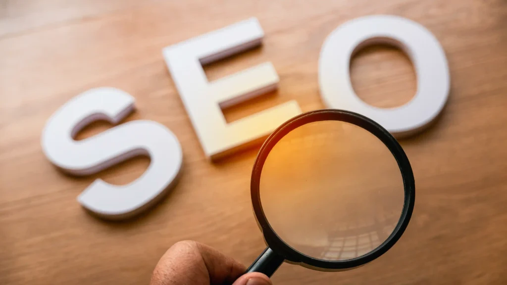 Magnifying glass highlighting the word SEO to symbolize search visibility for Local maps SEO services.