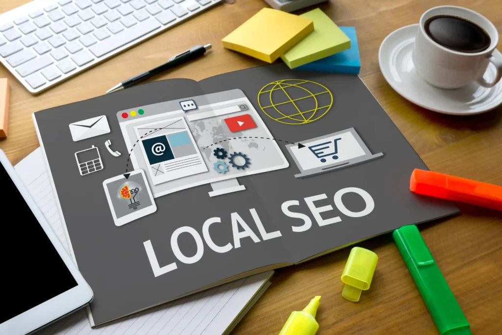 Open notebook with digital marketing icons and the words local SEO, representing tools used in local SEO link building.
