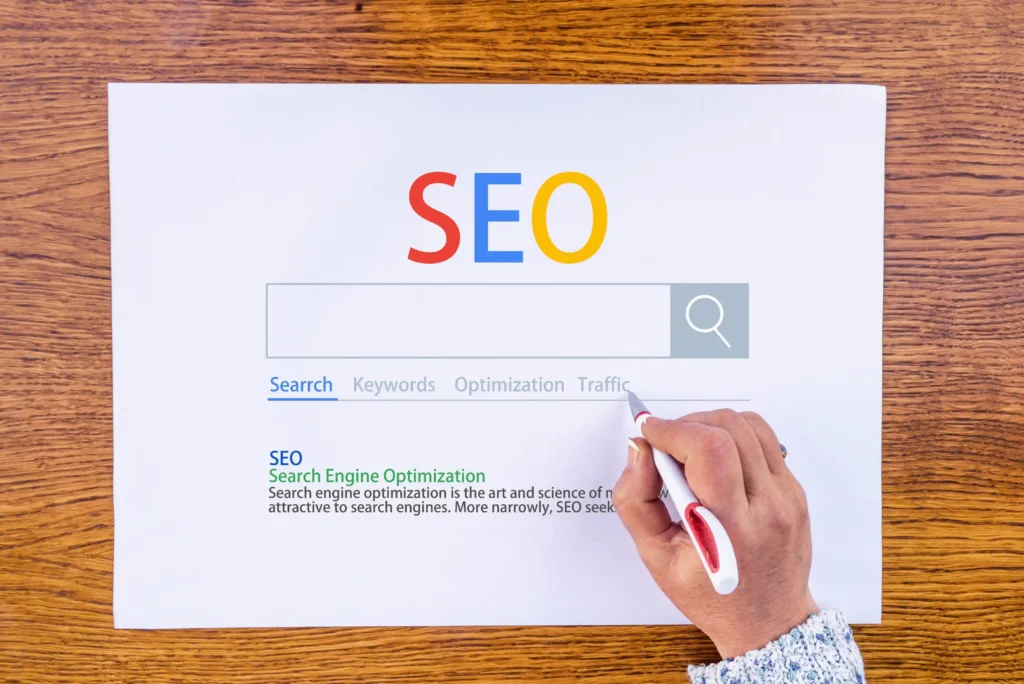 A hand points to a printed search bar labeled SEO, symbolizing the steps businesses take to improve local SEO through keywords and optimization strategies.