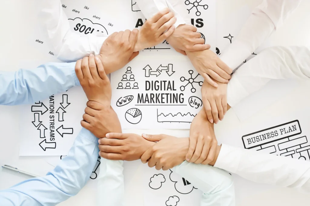 Illustration showing SEO, paid ads, content, email, and analytics used by full service digital marketing agencies