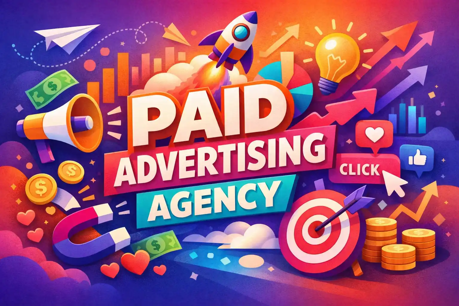 Paid advertising agency concept illustration showing growth, strategy, targeting, and ROI through creative visual elements