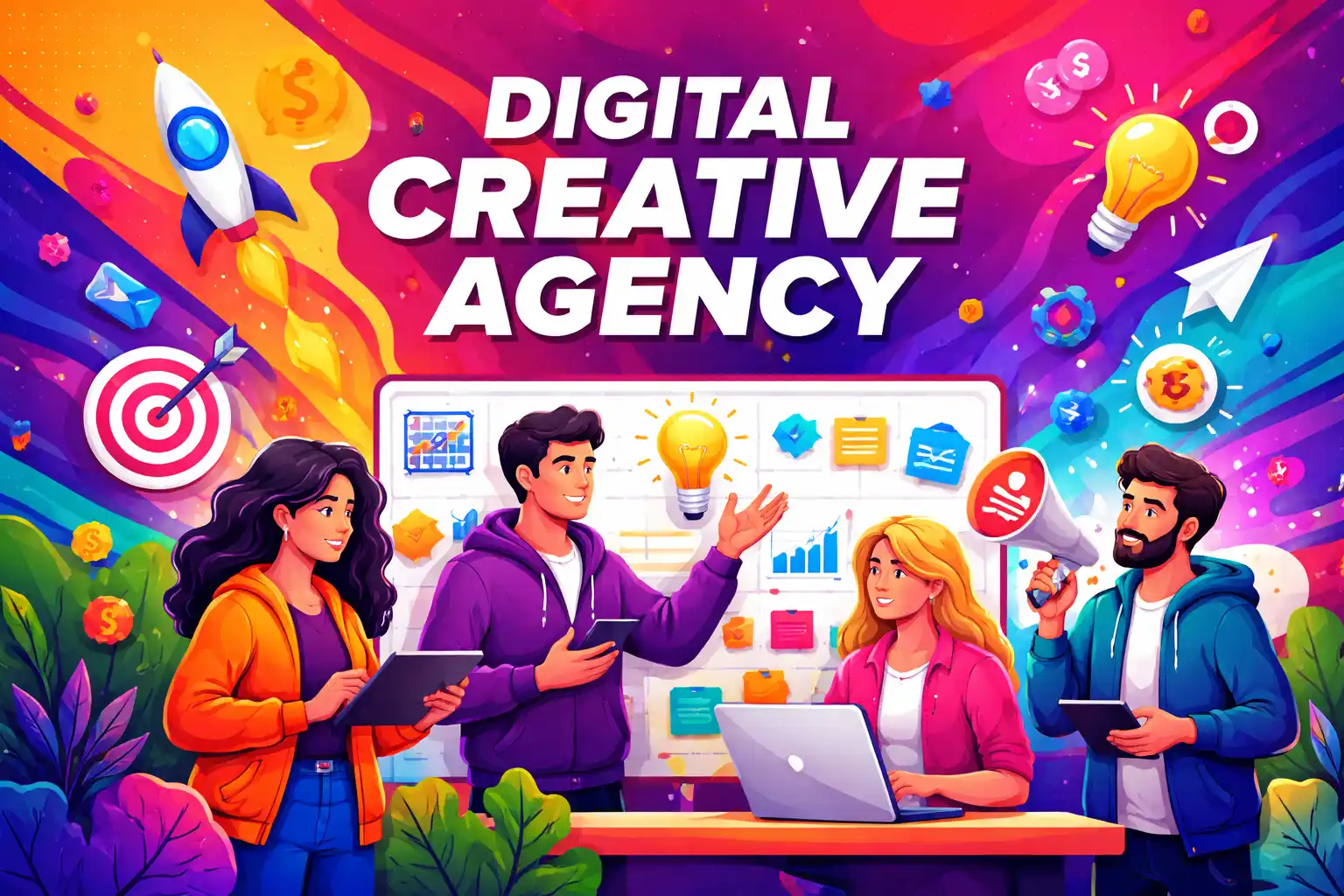 Illustrated digital creative agency team collaborating on brand strategy, creative ideas, and growth-focused marketing concepts
