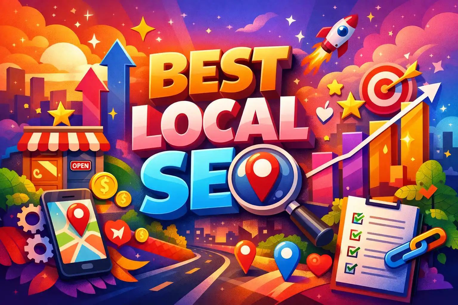 Best local seo illustrated concept showing local business growth, map pins, reviews, and ranking success
