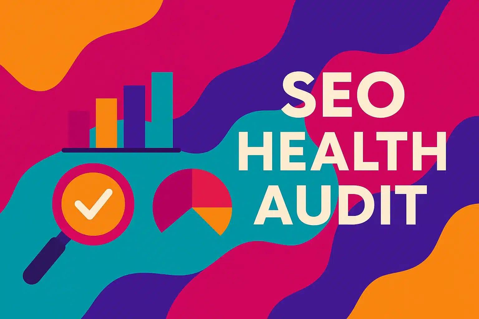 Flat digital illustration showcasing an SEO health audit concept with colorful graphs and charts in a modern layout.